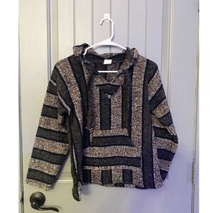 Mexican Textiles Baja Hoodie Poncho Black Tan Rug Stripe Surf Pullover Small